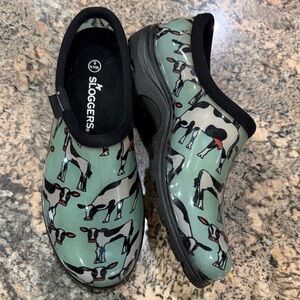 Sloggers Green Cow Print Clogs